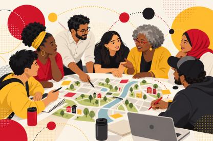Community members and public health partners collaborate around a neighborhood map.