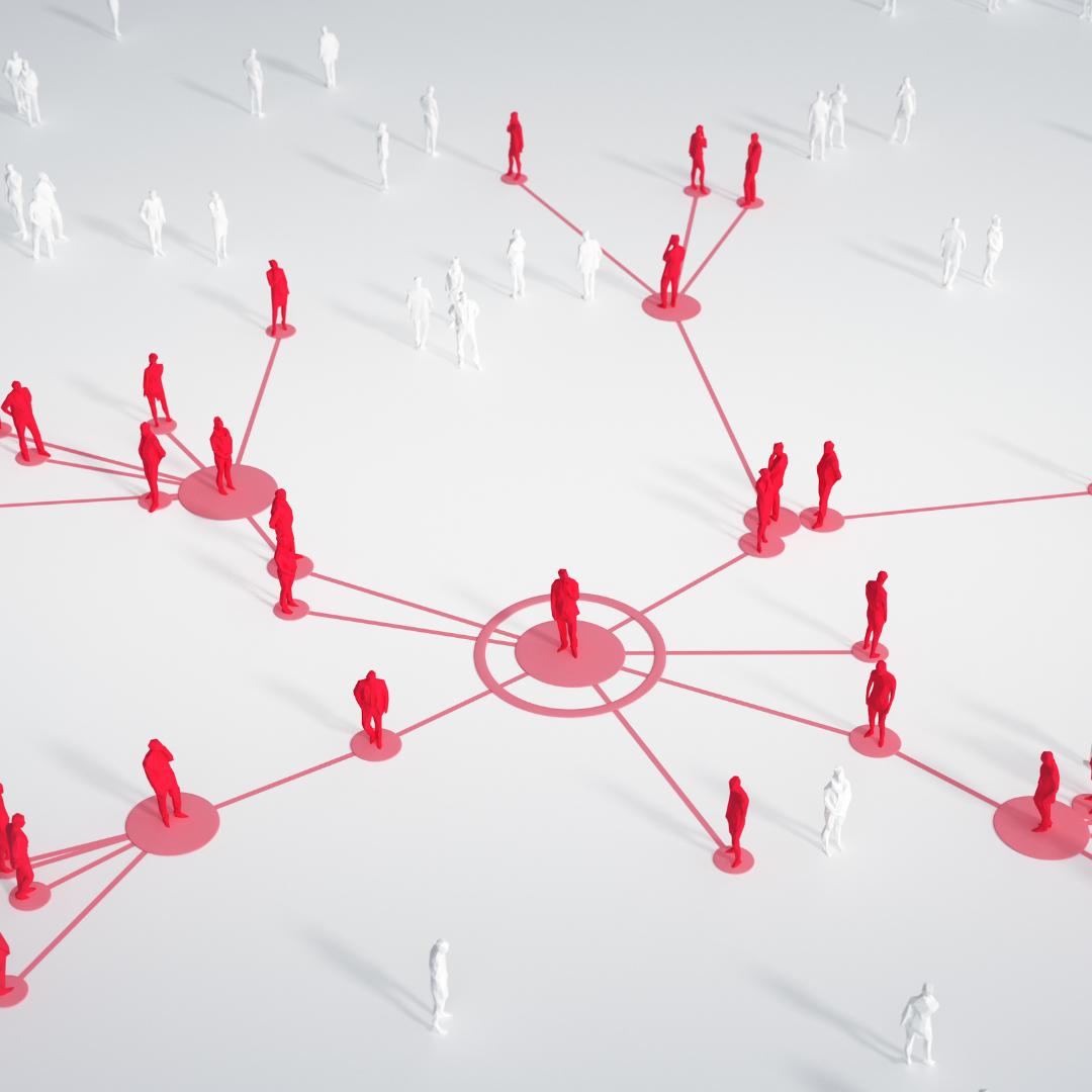 Network graphic showing people connected to a central point.