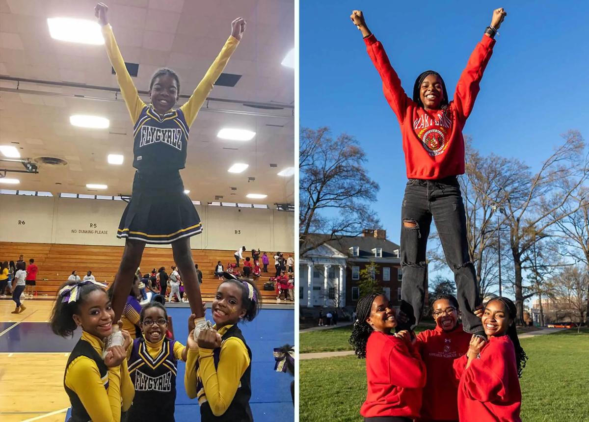 Side by side collage of 4 sisters doing cheerleading stunt, left side is several years ago, right side is around the date of publishing this article