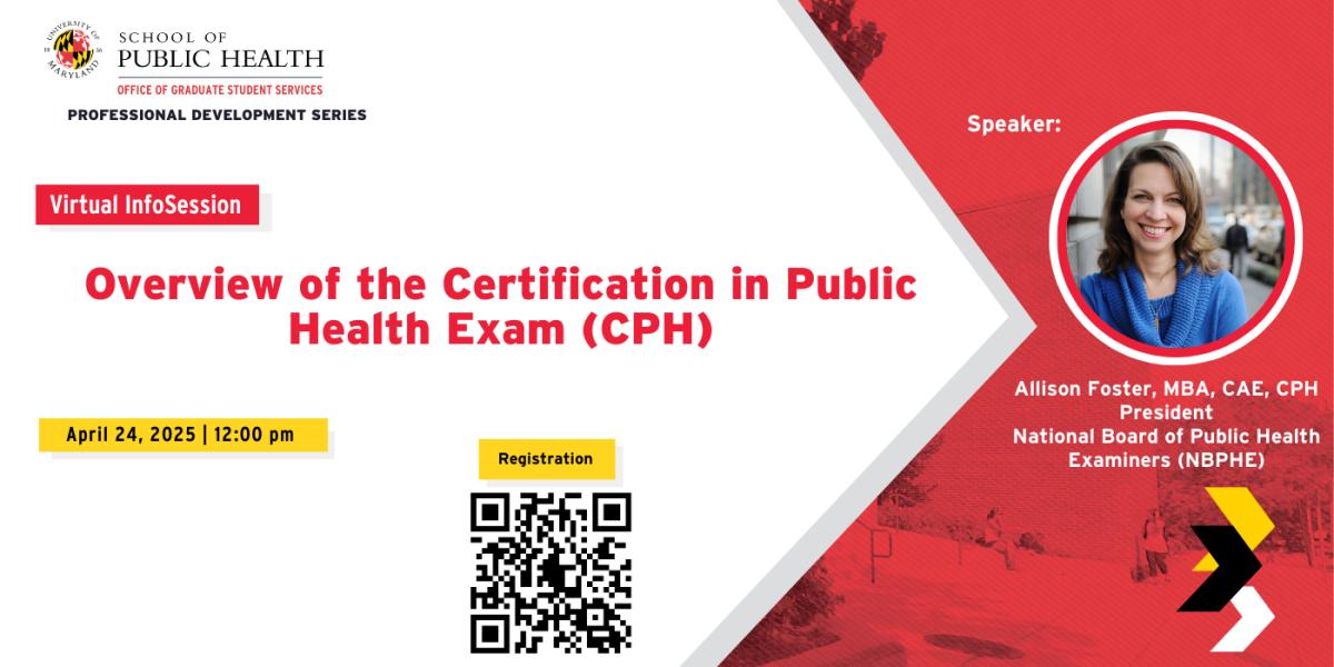 Flyer for the CPH Exam Info Session on April 24 from 12-1pm via Zoom