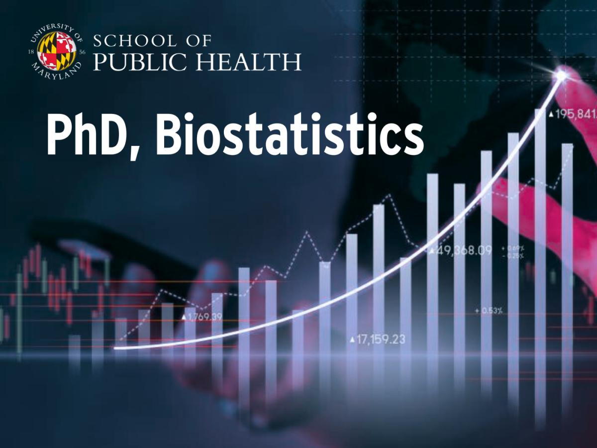blue and purple graphic with words: PhD, Biostatistics and SPH logo.