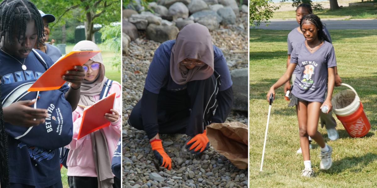 Tryptich of students outside doing maintenance and learning