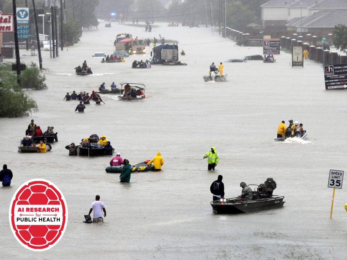 Rescue boats evacuate people from a flooded street after a severe storm.