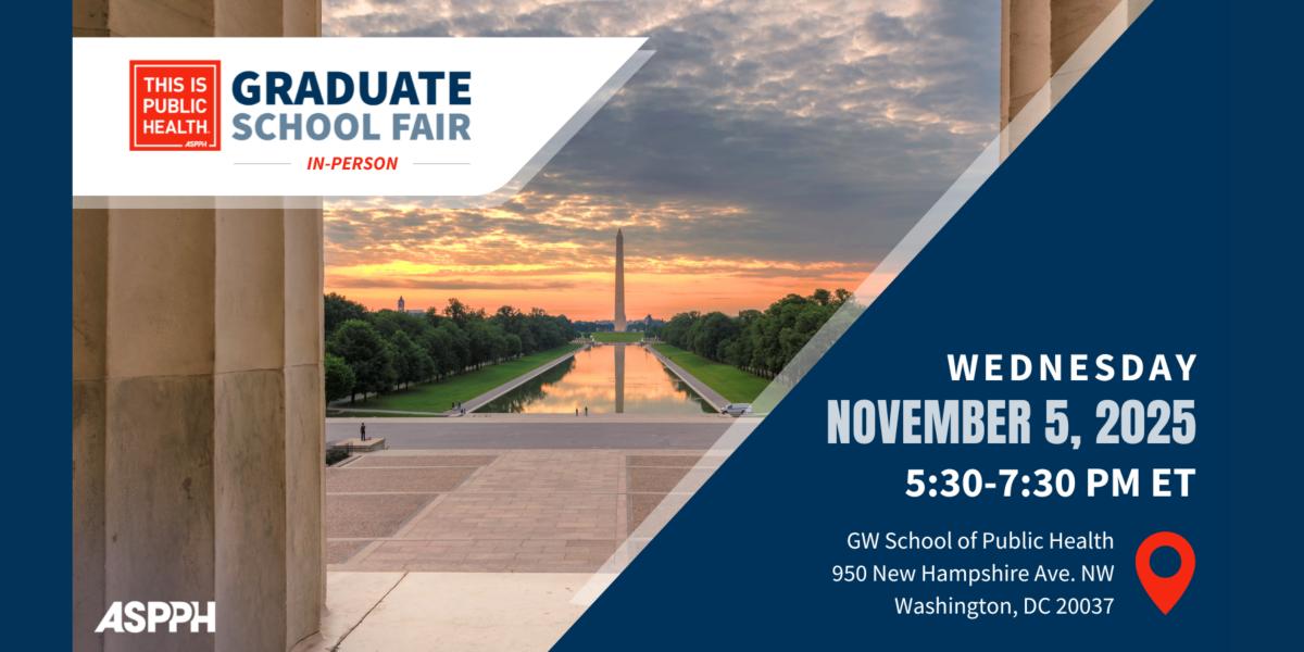 TIPH fair DC banner with National Mall view of reflecting pool and Washington Monument as background to event date and location