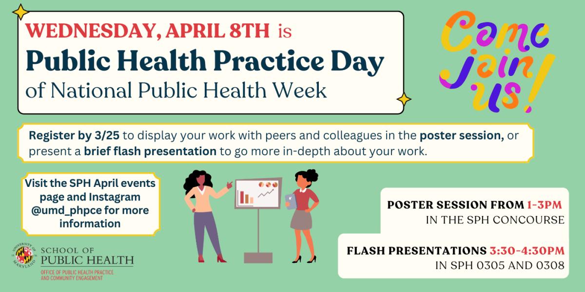 Green background black and white text for public health practice day