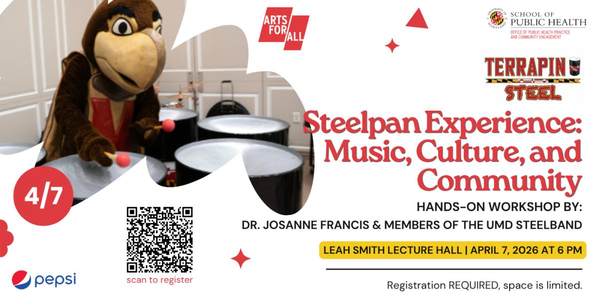 Black, white and red flyer describing the steelpan experience event