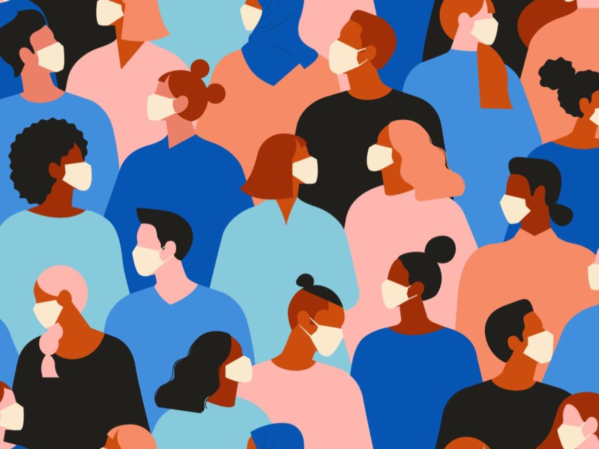 graphic showing people of diverse genders and skin colours each wearing face masks