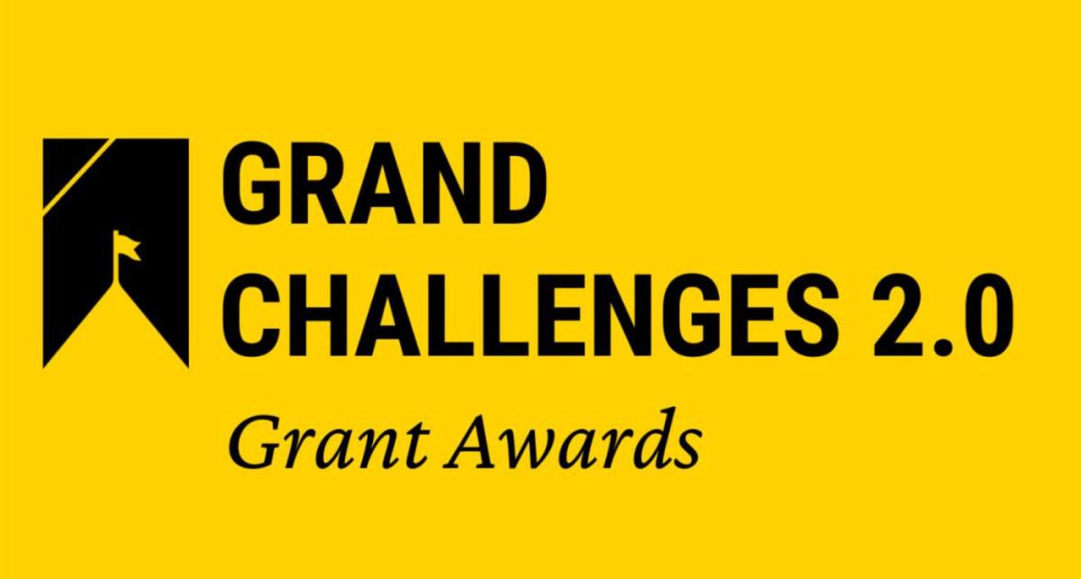 Black letters say GRAND CHALLENGES 2.0 and GRANT AWARDS on yellow background with black logo of rooftop with tiny flag