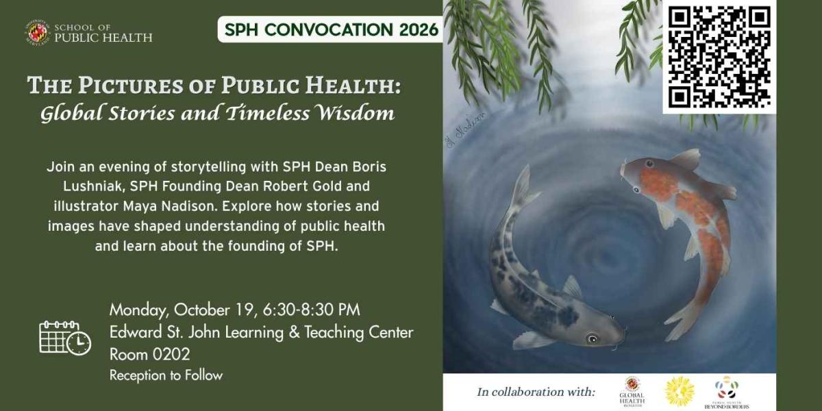 Image of two fish circling each other, with text on left announcing SPH 2026 Convocation: The Pictures of Public Health: Global Stories and Timeless Wisdom