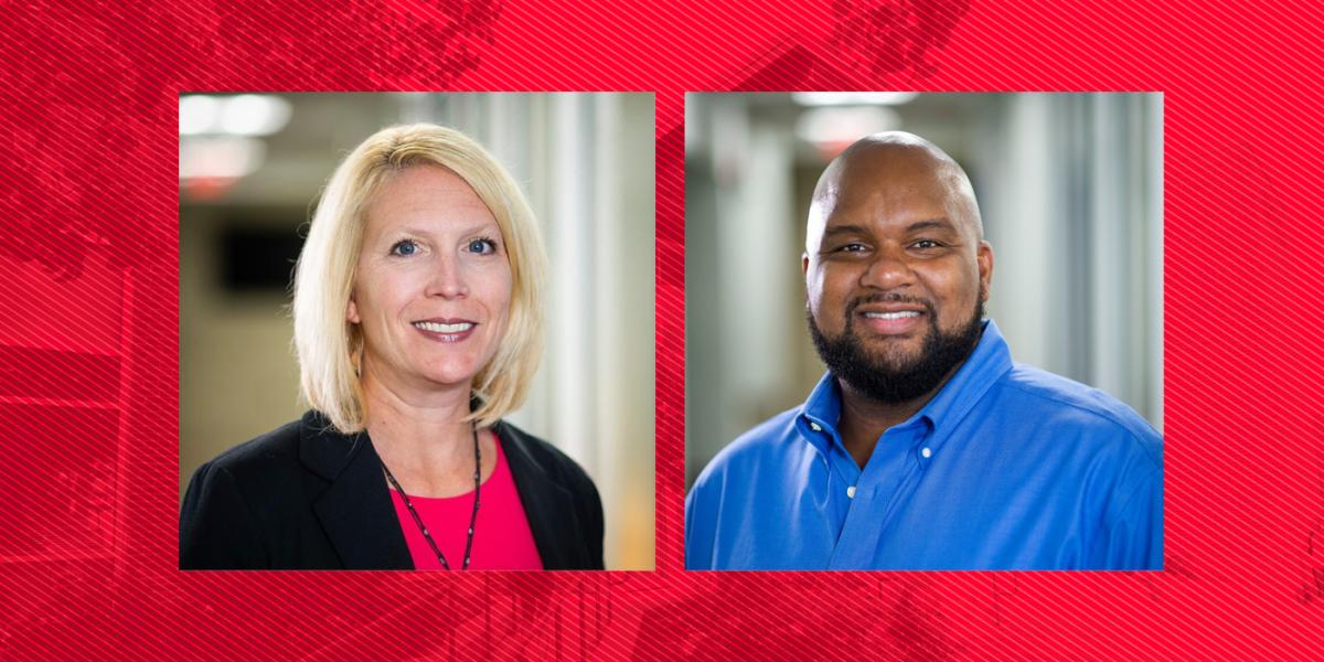 two portraits on red graphic background: woman with blond medium hair, pink top and dark jacket and Black man in blue shirt with bear and goatee, both smiling to camera
