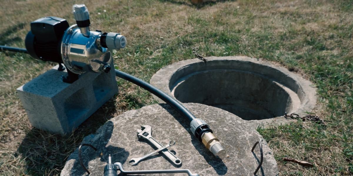 A concrete well with the lid pulled off with a pump system next to it, grass surrounding it. 