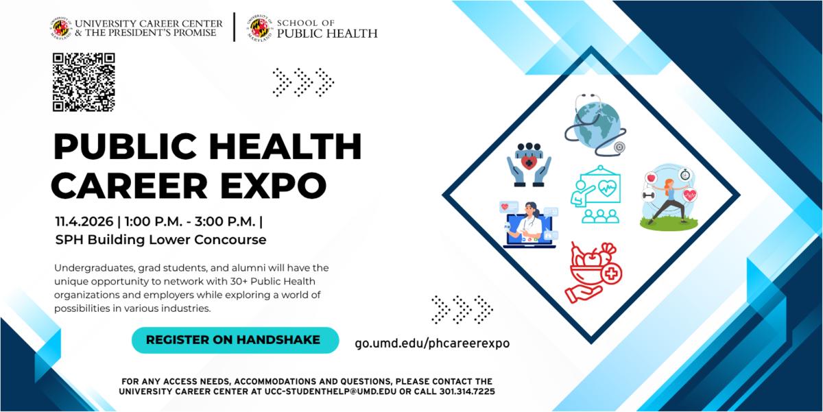 Bold text- Public Health Career Expo. Icons of various health fields are shown against a white background with blue accents. Event details are described.