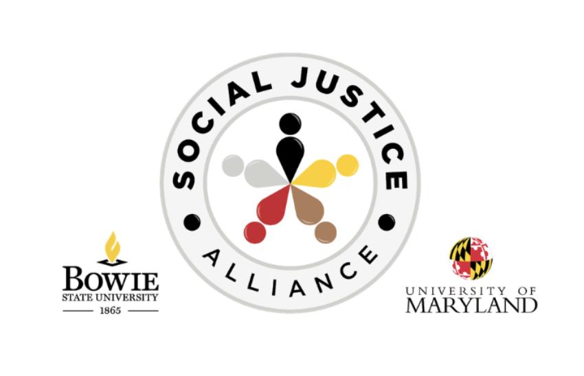 Logo with words SOCIAL JUSTICE ALLIANCE in a circle, with BSU and UMD logos to left and right of circle