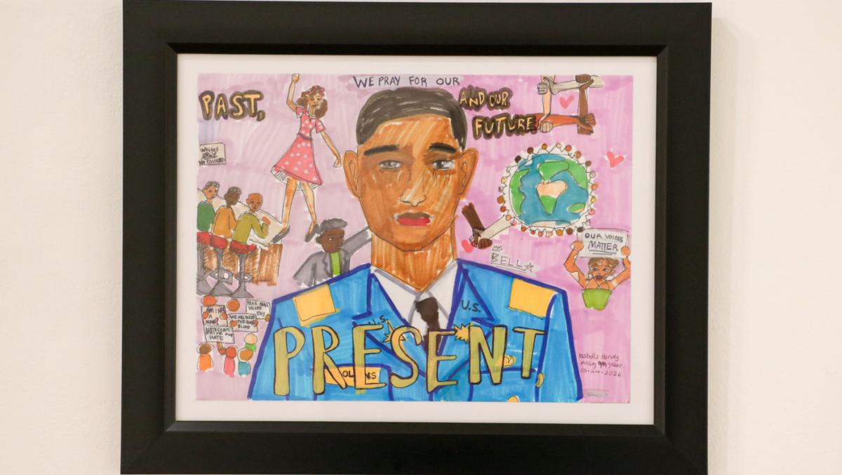 Illustrationg by a child of a Black man wearing military uniform with images and words around him. 
