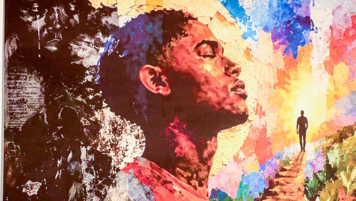 Generated artwork showing young Black man with eyes closed, behind him darkness, ahead of him a colorful light with a figure walking up steps. 