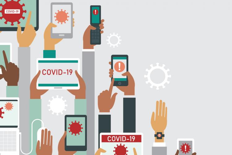 COVID-19  2019-nCoV concept. Human hands holding various smart devices with coronavirus alerts on their screens. flat vector illustration