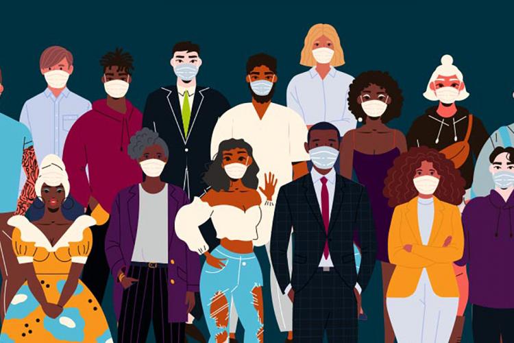 Illustration of diverse group of people wearing masks and ethnic clothing