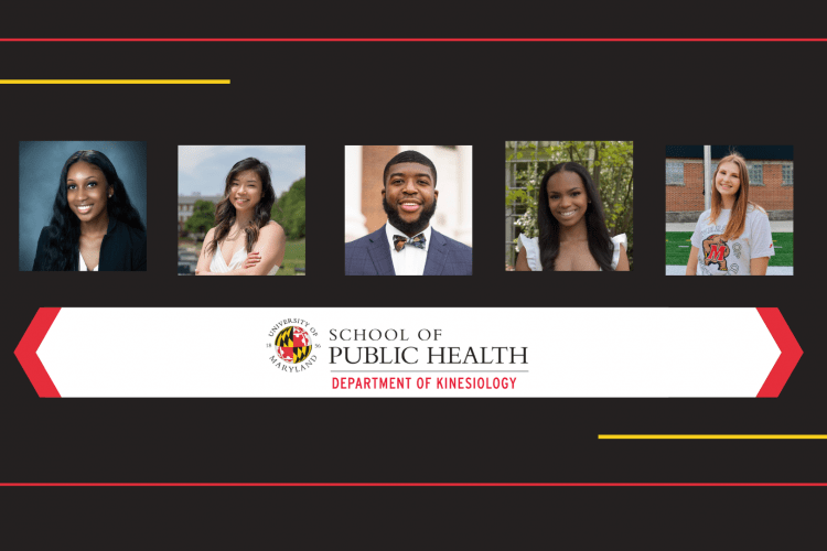 five headshots of students against a black background with red border.