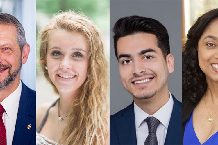 Boris Lushniak, Isabella Gordon, Fabian Donate and Joseline Peña-Melnyk, Spring 2021 commencement speakers.