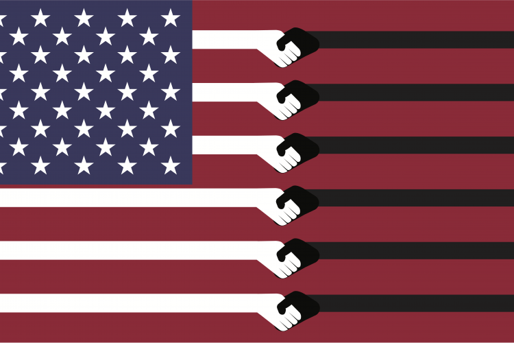 American flag with people shaking hands