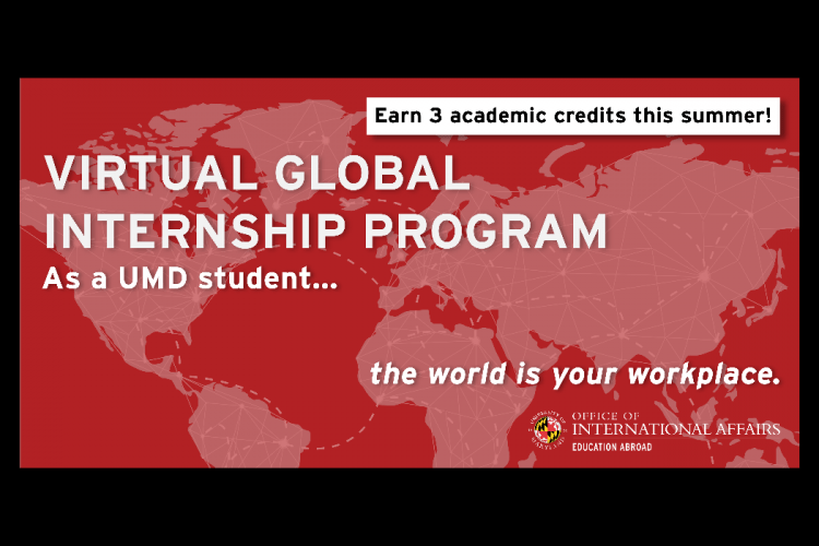 World map with words: virtual global internship program... as a UMD student the world is your workplace.