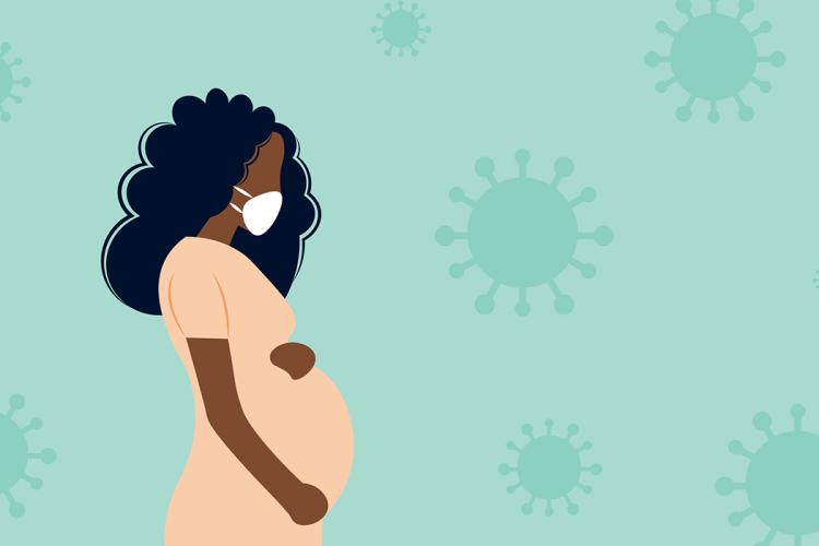 Illustration of pregnant Black woman with long hair holding her belly and wearing a mask with coronavirus cells in background.