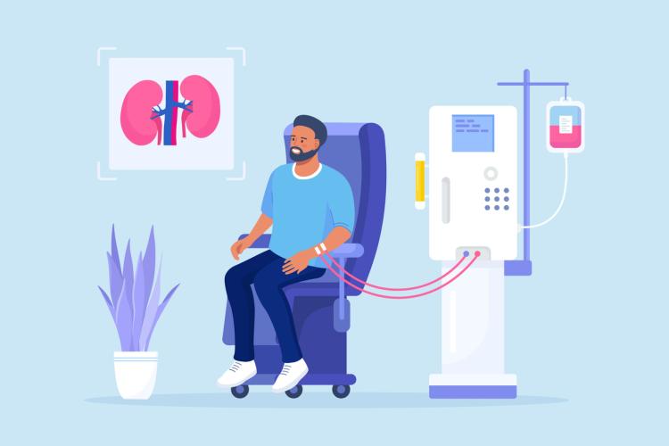 Illustration of man sitting in chair and getting kidney disease treatment.