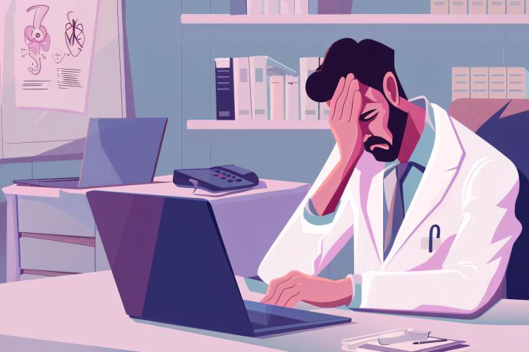 Illustration of a frustrated doctor at a computer. 