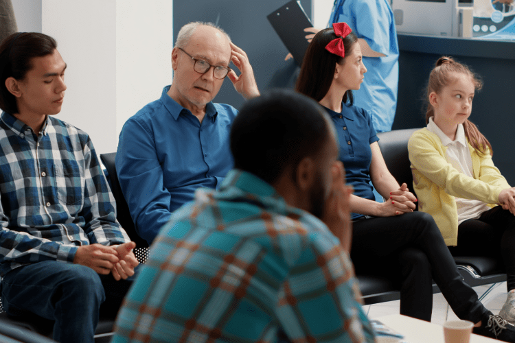 A diverse group of people sit in waiting room of a hospital