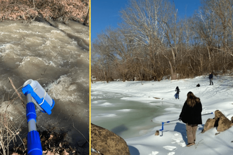 2 images: a water sample bottle over sewage spill and students collect water samples in the snow