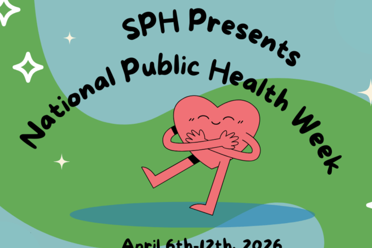 Green blue background for poster with smiling pink heart hugging itself for National Public Health Week