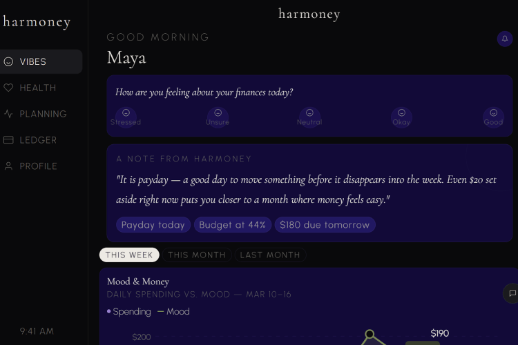 a screenshot of the Harmoney app — blue writing on black background
