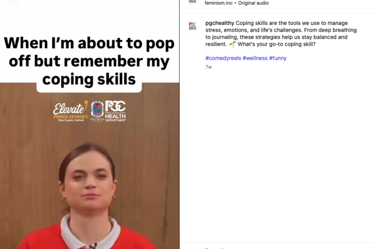 Instagram post with a woman wearing red top trying to stay calm.