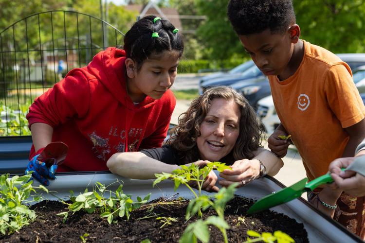 White woman squats down by a raised vegetable bed, two children look over her shoulder at seedling plants