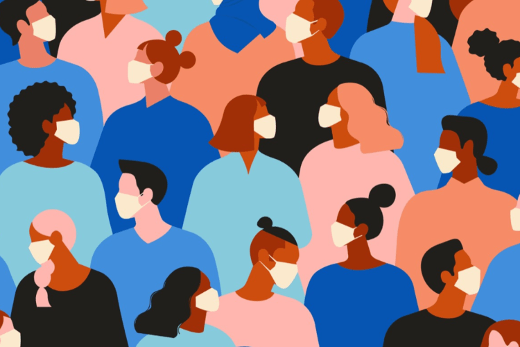 graphic showing people of diverse genders and skin colours each wearing face masks