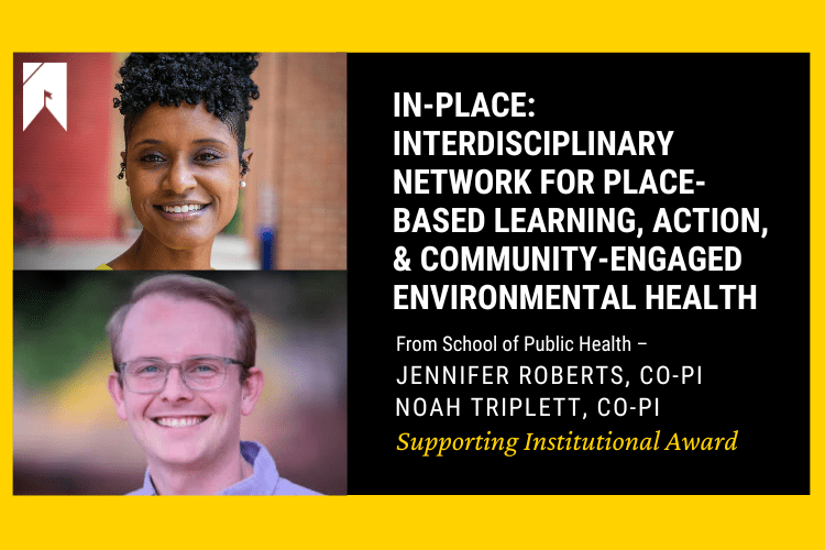black woman and white man smile to camera with words to their right on yellow background