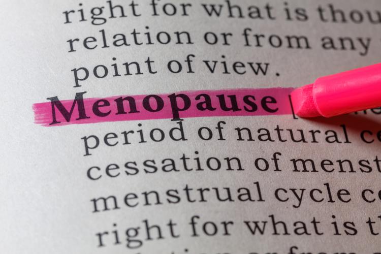 Photo of dictionary entrance for “Menopause” with pink highlighter pen highlighting the word