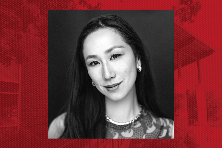 Black and white head shot of Asian woman with long black hair in a scoop neck top against a red background graphic of the School of Public Health