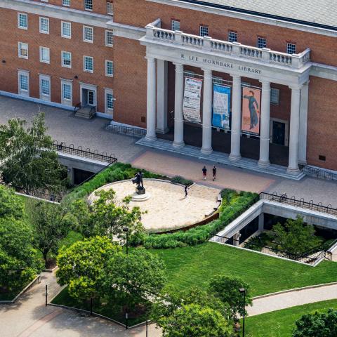 Aerial view of Hornbake Plaza with view of Hornbake Library and Frederick Douglass Square. 