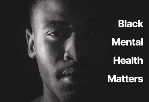 Close up of black man with text that says Black mental health matters