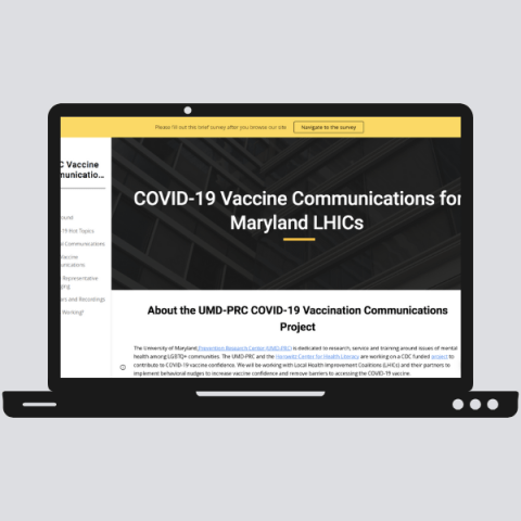 Graphic of laptop with the homepage for "COVID-19 Vaccine Communications for Maryland LHICs" Google Site