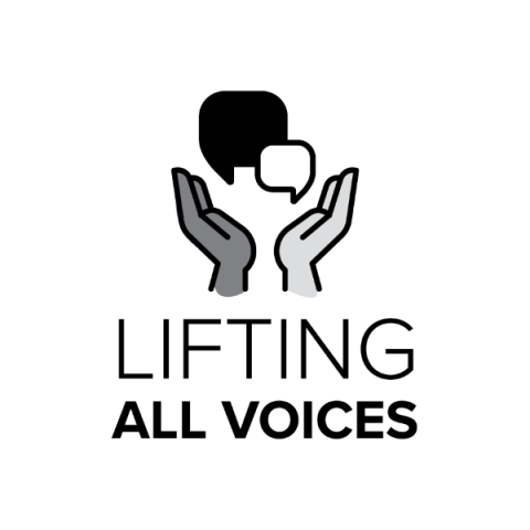 Graphic with two hands lifted around speech bubbles. Text below the graphic reads "Lifting All Voices"