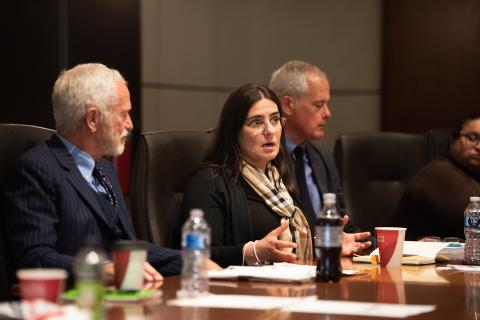 Woman wearing a plaid scarf speaks at a conference room table as two men look on.