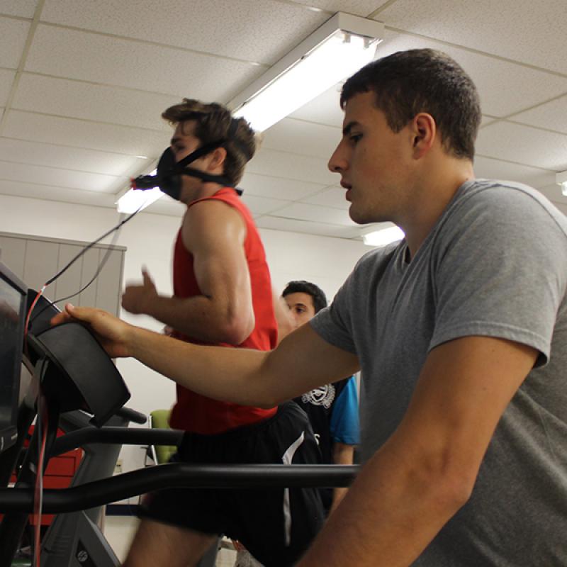 Kinesiology student Patrick Mullins '13 gets tested for VO2 max on treadmill