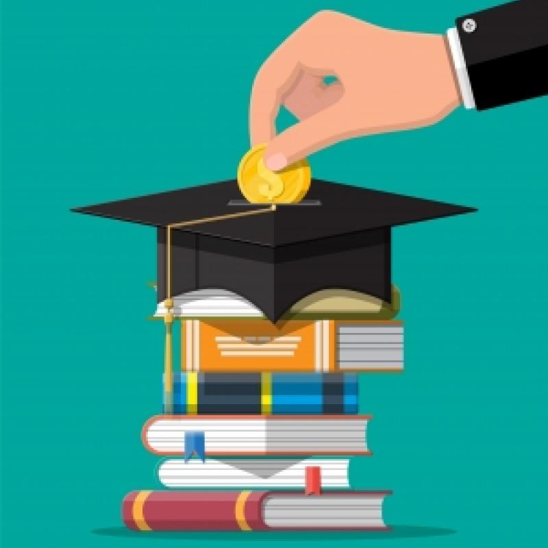 Cartoon of stack of books with a graduation cap on top and hand dropping a coin into the cap