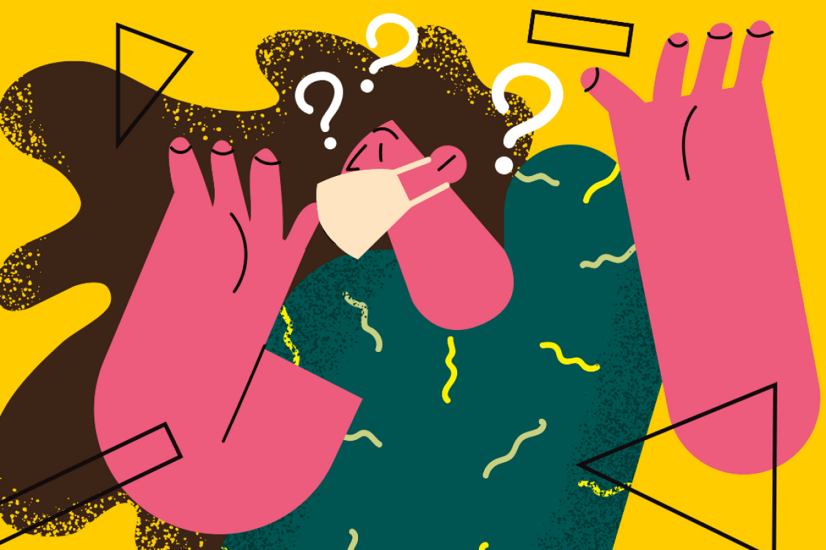 Illustration of a woman who is confused about wether or not to wear a COVID-19 face mask.