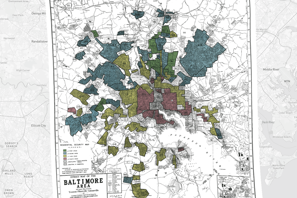 Homeowners Loan Corporation map of Baltimore from the 1930s shows red, yellow, green and blue coded areas
