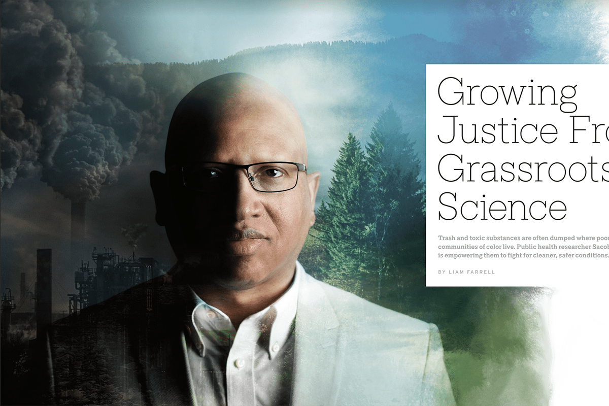 Sacoby Wilson, an African American man with glasses and a bald head, in a light colored suit with a photo collage of trees and pollution behind him