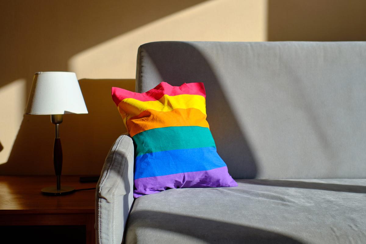 Gray sofa with rainbow throw pillow, sunlight from window illuminates the sofa and wall