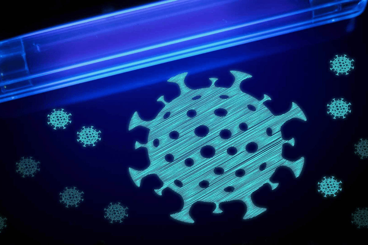 Illustration showing UV light shining on virus cells